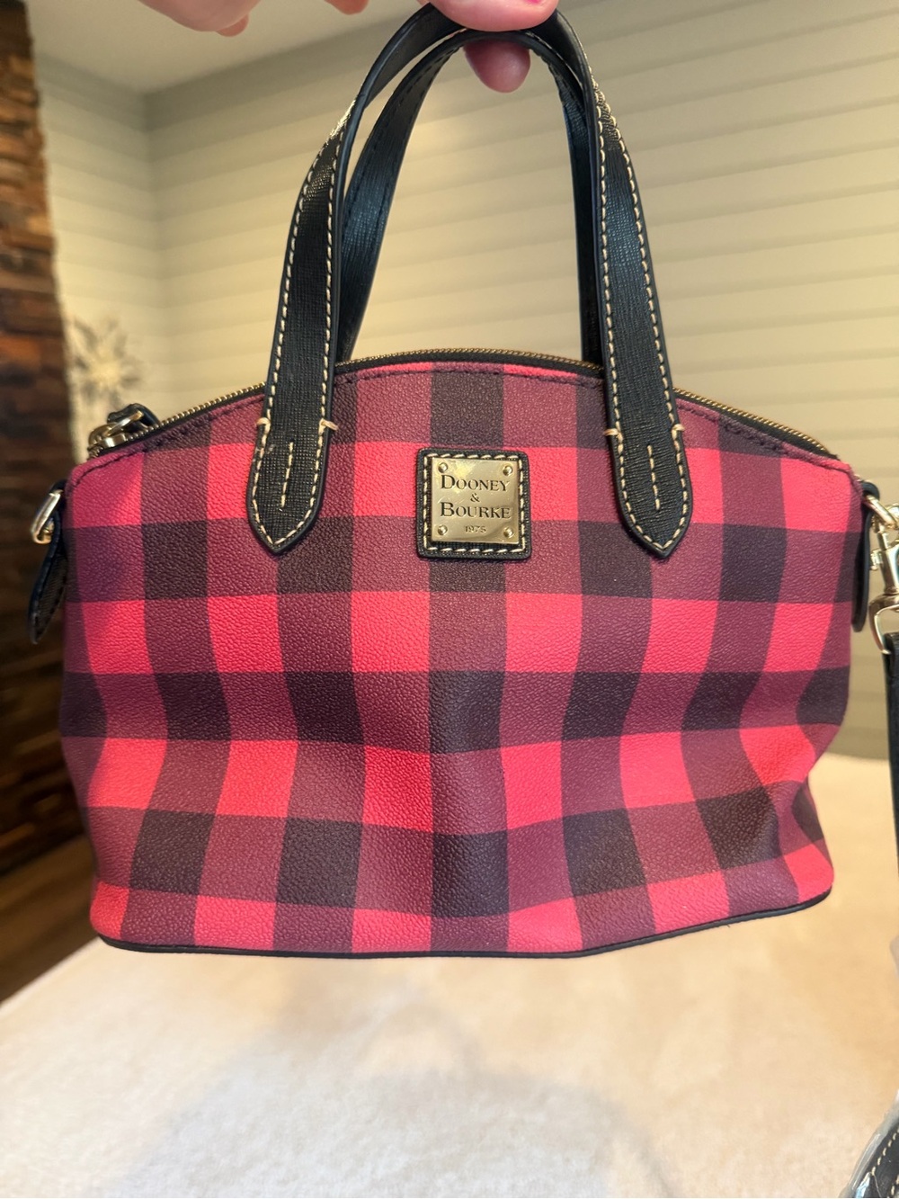 Dooney & Bourke Red and Black Plaid Leather-Trim Crossbody satchel.